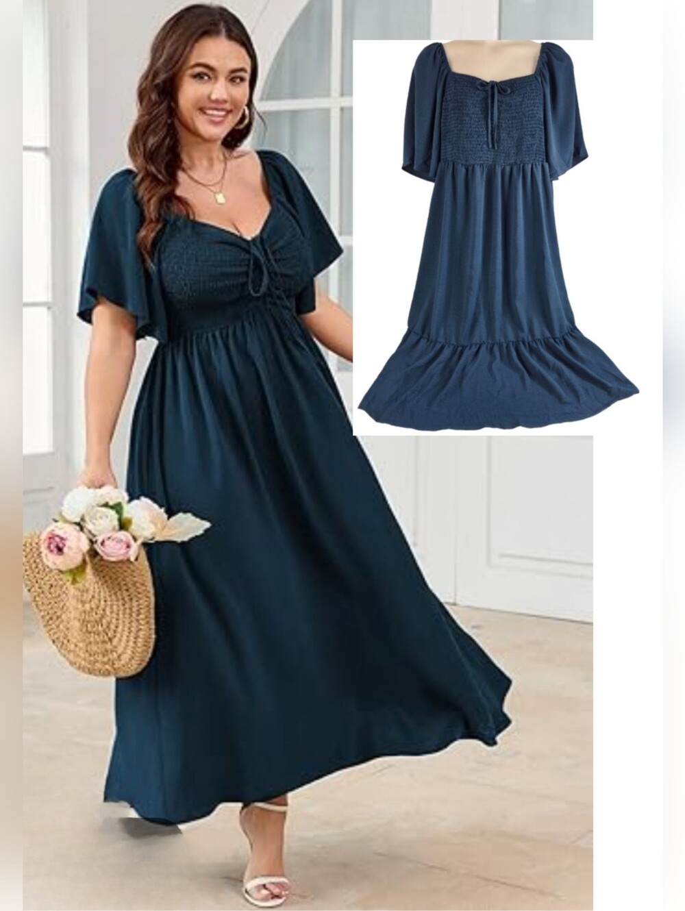 Amazon 4X Blue Smocked Flowy Dress Gorgeous Wedding Guest Special 3017-o